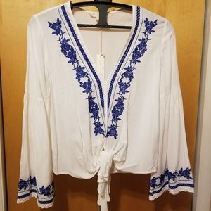 Bohemian blue floral embroidered blouse